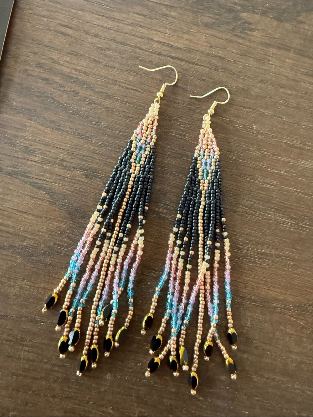 Handmade Multicolor Seed Bead Fringe Earrings - Black Accent